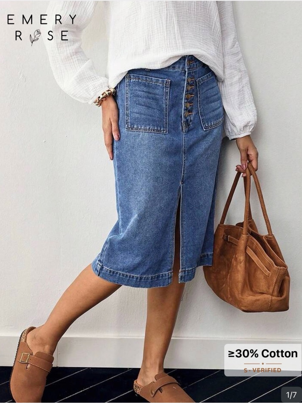 SHEIN Blue Denim Midi Skirt with Front Buttons and Center Slit